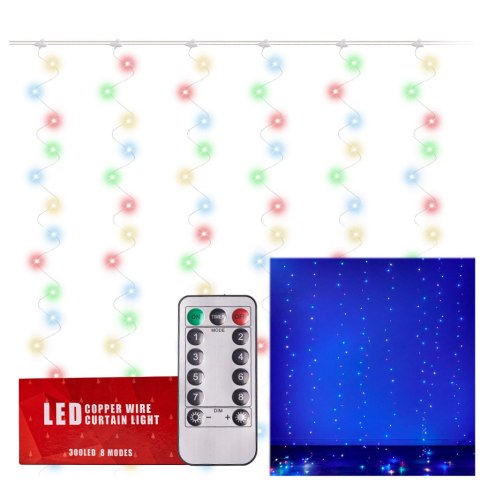 Lampki LED kurtyna girlanda druciki 3x3m 300LED multikolor pilot USB Lampki LED kurtyna girlanda druciki 3x3m 300LED multikolor pilot USB