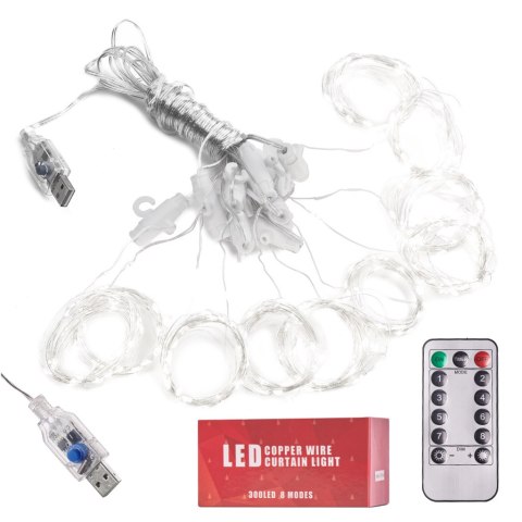 Lampki LED kurtyna girlanda druciki 3x3m 300LED zimny biały pilot USB Lampki LED kurtyna girlanda druciki 3x3m 300LED zimny biały pilot USB